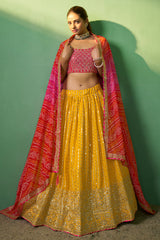 Designer Bandhani Print contrasting yellow pink georgette with sequence and embroidery lehenga | bollywood lehenga