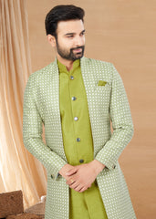 Exclusive Contrasting light green Thread and Detailed Embroidery Work Indo Western, Sherwani | Indian Traditional Mens Wear