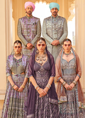 Exclusive latest Purple designer Gown in pure pv silk and foil print with net duppatta detailed embroidery, hand and mirror work