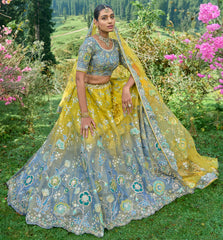 Contrasting Designer light blue & yellow lehenga on viscose with Zari, Hand, Thread, embroidery detailed work indian aspired work