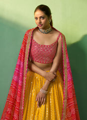 Designer Bandhani Print contrasting yellow pink georgette with sequence and embroidery lehenga | bollywood lehenga