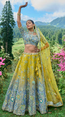 Contrasting Designer light blue & yellow lehenga on viscose with Zari, Hand, Thread, embroidery detailed work indian aspired work