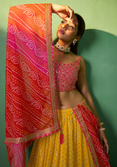 Designer Bandhani Print contrasting yellow pink georgette with sequence and embroidery lehenga | bollywood lehenga