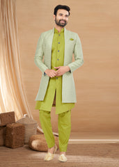 Exclusive Contrasting light green Thread and Detailed Embroidery Work Indo Western, Sherwani | Indian Traditional Mens Wear