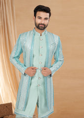 Exclusive Contrasting light blue Thread and Detailed Embroidery Work Indo Western, Sherwani | Indian Traditional Mens Wear