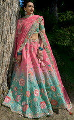 Contrasting Designer light blue & pink lehenga on viscose with Zari, Hand, Thread, embroidery detailed work indian aspired work
