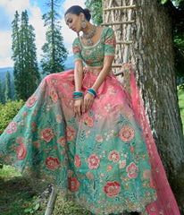 Contrasting Designer light blue & pink lehenga on viscose with Zari, Hand, Thread, embroidery detailed work indian aspired work