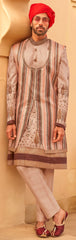 Exclusively for couple combo Light brown designer outfit in pure pv silk and foil print with detailed hand mirrorwork