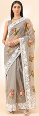 Latest light Gray shaded organza saree with detailed embroidery and floral inspired design saree for all occasion