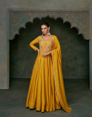 Designer Yellow Embroidered Anarkali Dress with detailed thread work and lace | designer dress | anarkali dress
