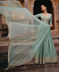 Designer Light Blue Pure Viscose jaquard silk dress with detailed front and back embroidery