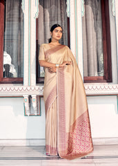 Pure Kanjivaram pastel ceam light shaded weaving silk hanloom saree with contrasting dark border