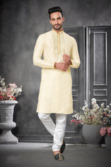 Cream Traditional Designer Silk Kurta with Mirror Work for all occasion | kurta pajama
