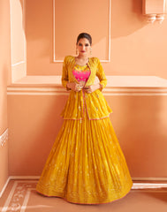Bollywood Yellow embroidered  lehenga with Shimmer Embroidery Shrug  | Bollywood Lehenga | Brides maid Lehenga
