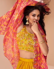 Exclusive handwork on viscose nylon Dhoti style yellow dress with floral shrug| unique dress indian wear
