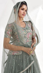 Exclusive designer Gray pure georgette dress with deatiled embroidery and work with premium net and lace duppatta