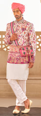 Exclusively for couple combo pink designer outfit in pure pv silk and foil print with detailed hand mirror work