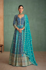 Pure Georgette Blue Exclusive Anarkali Dress With Heavy Embroidered & Heavy Dupatta