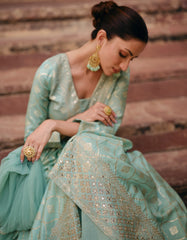 Designer Light Blue Pure Viscose jaquard silk dress with detailed front and back embroidery