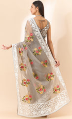 Latest light Gray shaded organza saree with detailed embroidery and floral inspired design saree for all occasion