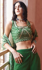 Green Designer sharara style inspired dress on pure georgette with detailed mirror, thread, hand embellished work