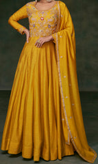 Designer Yellow Embroidered Anarkali Dress with detailed thread work and lace | designer dress | anarkali dress