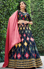 Contrasting lehenga inspired on india art and culture embroidery on silk