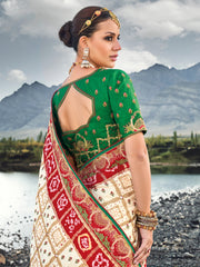 Pure gazzi off white hand weaved saree with real mirror, moti & cut dana work hand embellished work