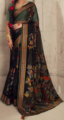 Exquisite Contrasting Black Floral Organza saree with beautiful print, piping work or tassels on pallu | party wear saree | Festive saree