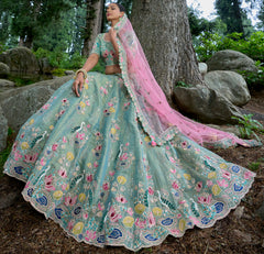 Contrasting Designer light blue lehenga on viscose with Zari, Hand, Thread, embroidery detailed work indian aspired work