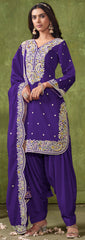 Designer Dark Purple pure silk Patiala Suits with deatiled embroidery work