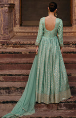 Designer Light Blue Pure Viscose jaquard silk dress with detailed front and back embroidery