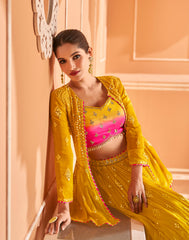 Bollywood Yellow embroidered  lehenga with Shimmer Embroidery Shrug  | Bollywood Lehenga | Brides maid Lehenga