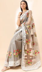 Latest light Gray shaded organza saree with detailed embroidery and floral inspired design saree for all occasion
