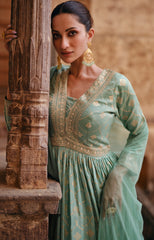 Designer Light Blue Pure Viscose jaquard silk dress with detailed front and back embroidery