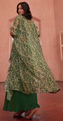 Green Designer sharara style inspired dress on pure georgette with detailed mirror, thread, hand embellished work