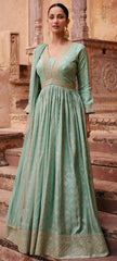 Designer Light Blue Pure Viscose jaquard silk dress with detailed front and back embroidery