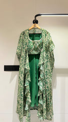 Green Designer sharara style inspired dress on pure georgette with detailed mirror, thread, hand embellished work