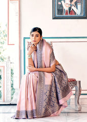 Pure Kanjivaram pastel pink light shaded weaving silk handloom saree with contrasting dark border