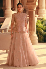 Designer pink lehenga with detailed embroidery on chinon silk