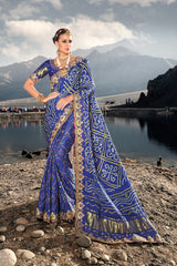 Pure gazzi Royal Blue hand weaved saree with real mirror, moti & cut dana work hand embellished work