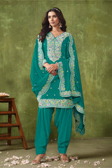Designer Rama Green pure silk Patiala Suits with deatiled embroidery work