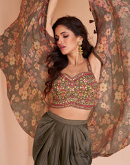 Exclusive handwork on viscose nylon dhoti style Gary dress with floral shrug| unique dress indian wear