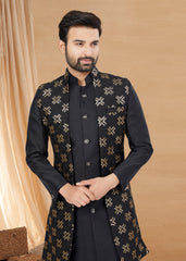 Exclusive Contrasting black Thread and Detailed Embroidery Work Indo Western, Sherwani | Indian Traditional Mens Wear