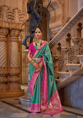 Teal Blue contrasting blouse on Jacquard Weaved Banarasi Design saree With Stone Work | Banarasi Saree
