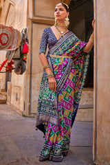 Contrasting Multi colour Patola Saree on silk With Elegant Gold Print | Contrasting saree | Patola Print Saree | Designer Saree