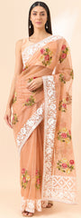 Latest light Orange shaded organza saree with detailed embroidery and floral inspired design saree for all occasion