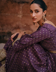 Designer Purple Pure Viscose jaquard silk dress with detailed front and back embroidery