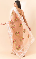 Latest light Orange shaded organza saree with detailed embroidery and floral inspired design saree for all occasion