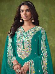 Designer Rama Green pure silk Patiala Suits with deatiled embroidery work